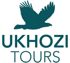 The company logo, Ukhozi Tours, featuring an eagle flying left to right, wings outstretched, with the type Ukhozi Tours underneath it in two decks of capital letters. All of it is in a deep turquoise colour